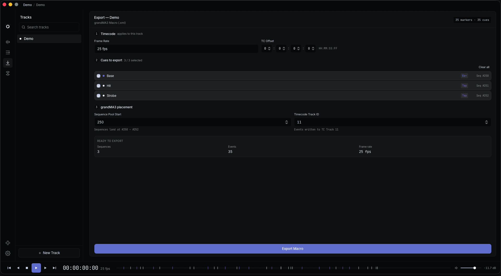 QTracks grandMA3 export — timecode, cues, and sequence pool configuration